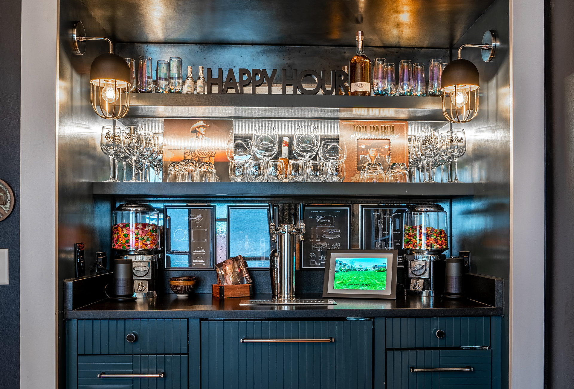 A bar with whiskey, wine, and hookups for a beer keg